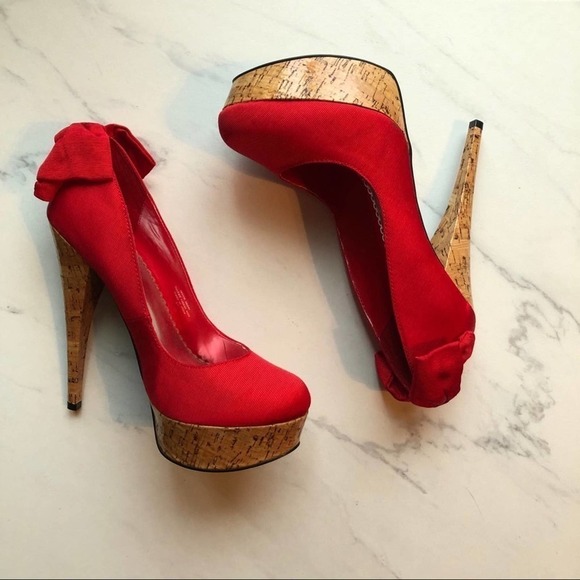 Bebe Stiletto High Heels Kahilia Ruby Red Size 8 Platform Cork Bow Formal - Picture 7 of 16